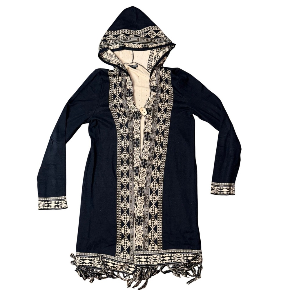 Lucky Brand Womens Black Tan Tribal Geometric Fringe Hooded Cardigan Sweater M